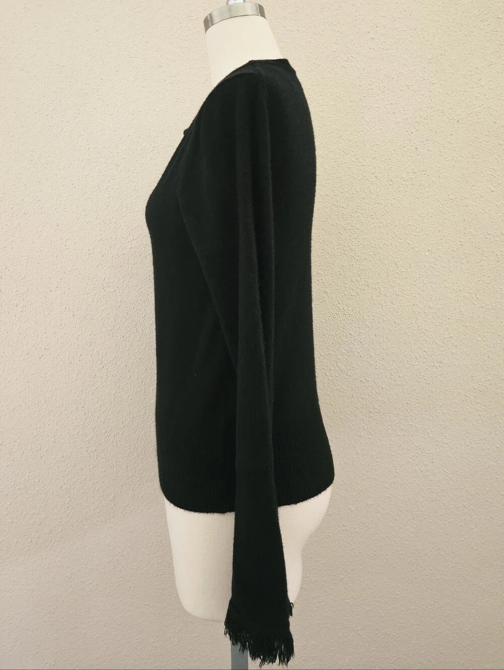 White + Warren Fringe Cuff Crewneck Sweater Black Lightweight Knit Small